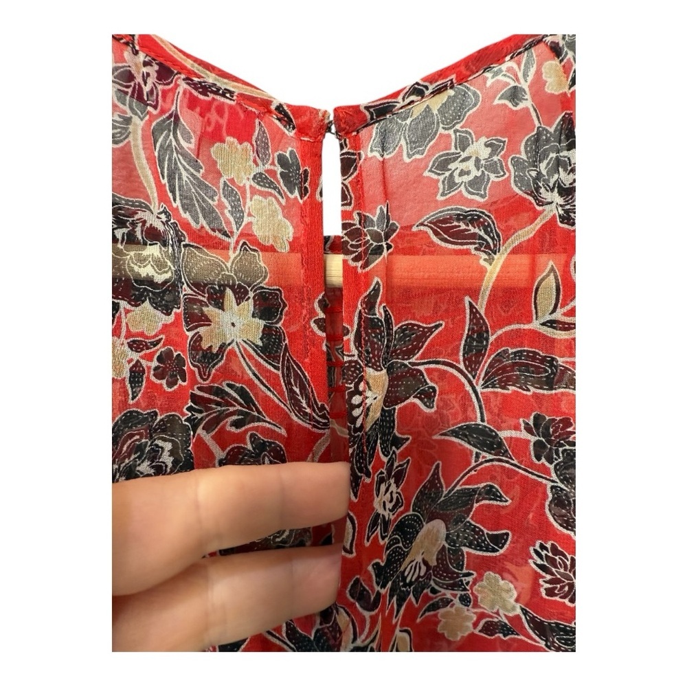Parker Red Black Silk Floral V Neck Dress Mini Smocked Waist Ruffled Mini Dress - Picture 15 of 15